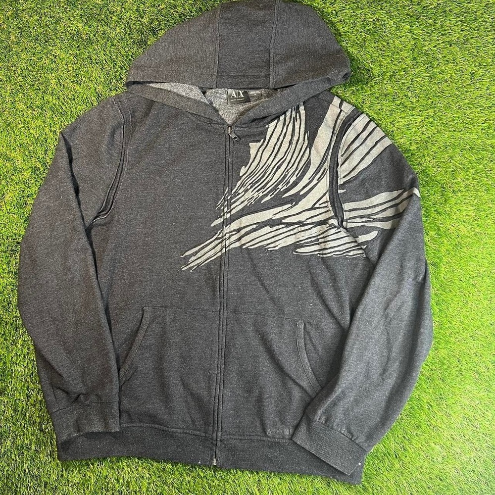 Armani Exchange AX Full Zip Hoodie Graphic Black Gray Mens Large Streetwear